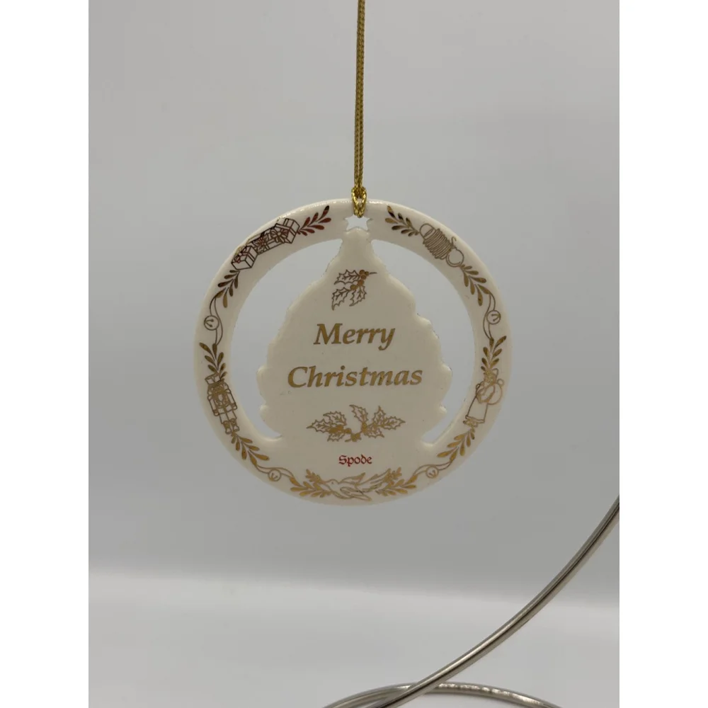 Vintage 1990s Spode Christmas Tree Ornament Ceramic Round Cutout Gold Trim Box